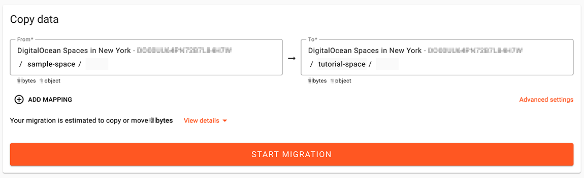 The copy data/migration window in the Flexify.IO dashboard
